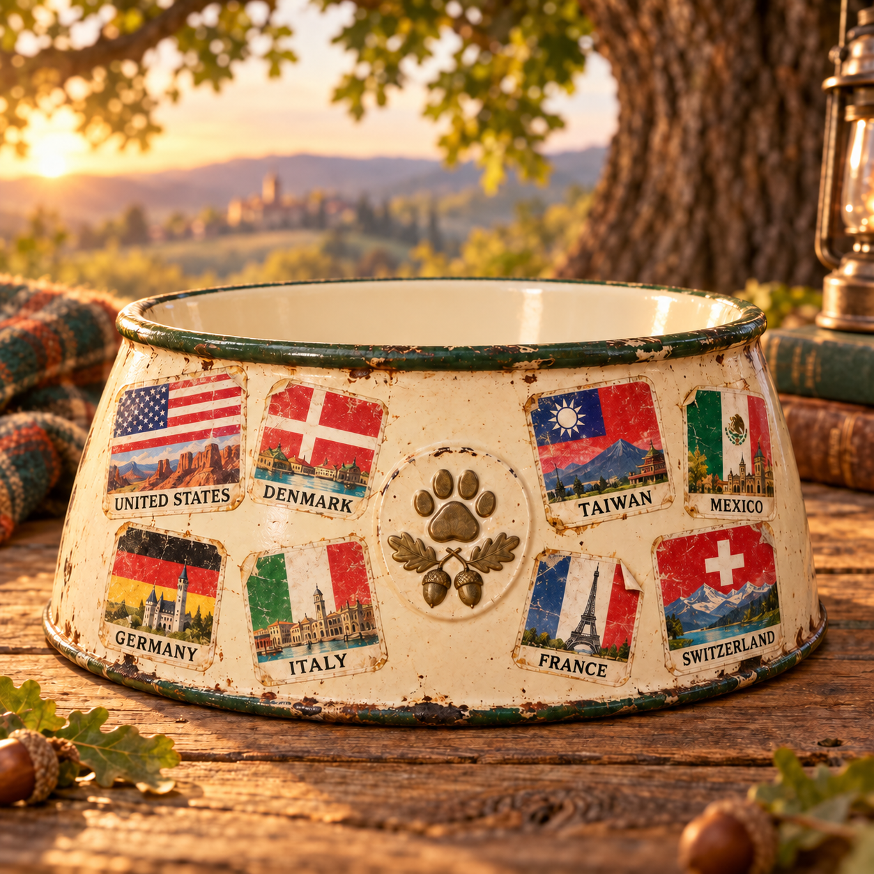 A clean vintage dog bowl displaying travel stickers for the United States, Denmark, Taiwan, Mexico, Germany, Italy, France, and Switzerland